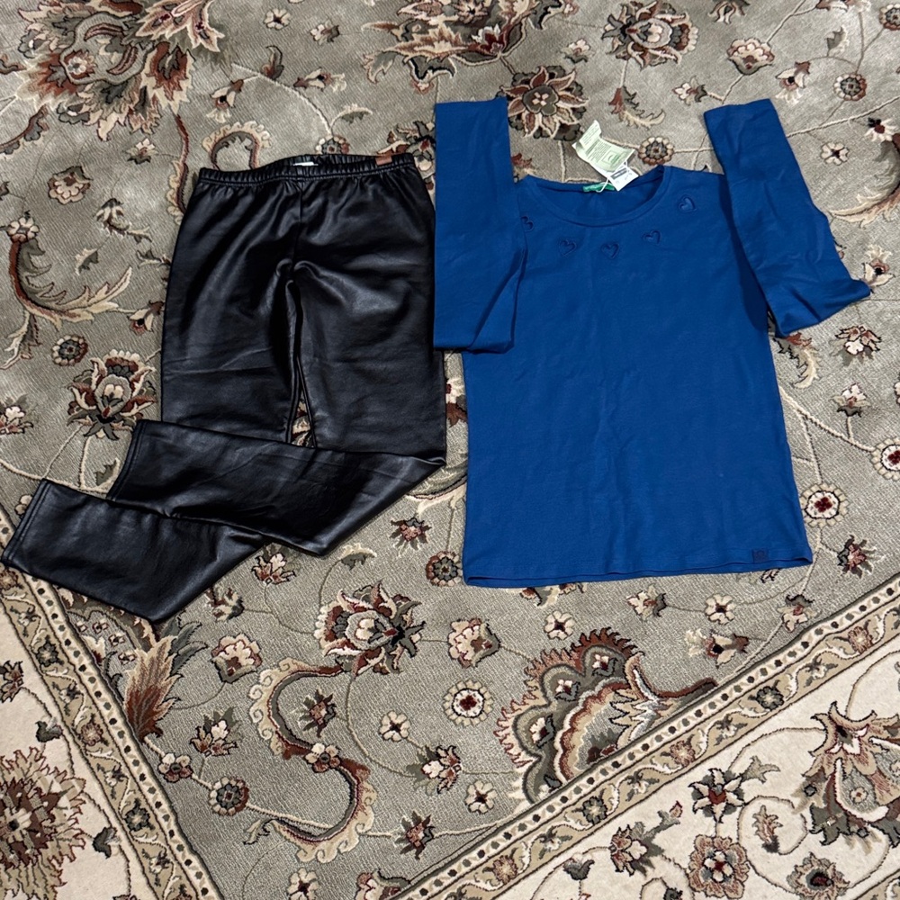 Blue Long Sleeve Top with Black Faux Leather Leggings size 10